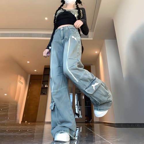 Grunge Y2K Kawaii Gothic Clothes Casual Straight Wide Leg Vintage White Lace Bows Decor Cargo Jeans for Women4