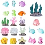 OPVXZAD 21PCS Miniatur Figuren Meerestiere Set Harz Meerestiere Tiere Figuren Algen Mini Ozean Set DIY Aquarium Gartenparty Gastgeschenk Dekoration Ornament Miniaturlandschaft Leuchtend im Dunkeln
