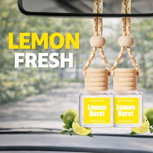 Image of Hanging Car Air Freshener 2 Pack, Lemon Scent Essential Oil Car Diffuser Bottle, Refillable Hanging Auto Aromatherapy Freshener, Long Lasting Odor Eliminator for Car, Truck, SUV