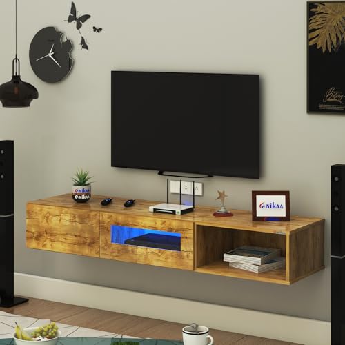 Image of Anikaa Strix Wall Mount Modern Floating TV Unit for Living Room with 3 Storage Cabinet & Blue LED Light (Ideal for 32 to 55 inch TV, DIY Installation, Gaintwood Finish)