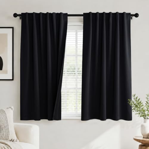 PONY DANCE Black Kitchen Blackout Curtains Over Sink, Short Half Curtains for Bathroom Basement Small Window Decor, Thermal Insulated Light Blocking Bedroom Draperies, W 42 x L 45 inches, 2 Panels Set