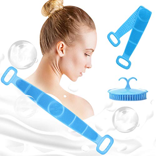 Silicone Back Scrubber for Shower,30" Extra Long Double Sided Bath Body Washer with Hair Scalp Brush,Updated Handle exfoliating brush,Long Lasting and Easy to Clean for Men and Women