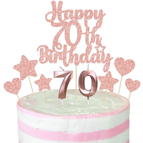 Gyufise 15Pcs Happy 70th Birthday Cake Topper Set with Heart Star Glitter Cheers to 70 Years Cake Picks Number 70 Candles Cake Decorations for Happy 70th Birthday Anniversary Party Supplies Rose Gold