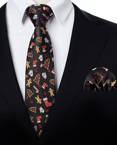 Image of HISDERN Christmas Ties for Men Holiday Tie and Pocket Square Cufflinks Festival Party Xmas Funny Silk Woven Necktie