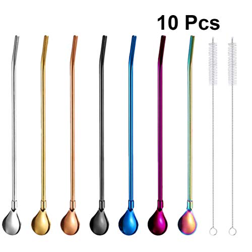 Colher de bebidas Cabilock 10 peças canudos reutilizáveis Colher de bebidas 2 em 1 Colher de Stirrer