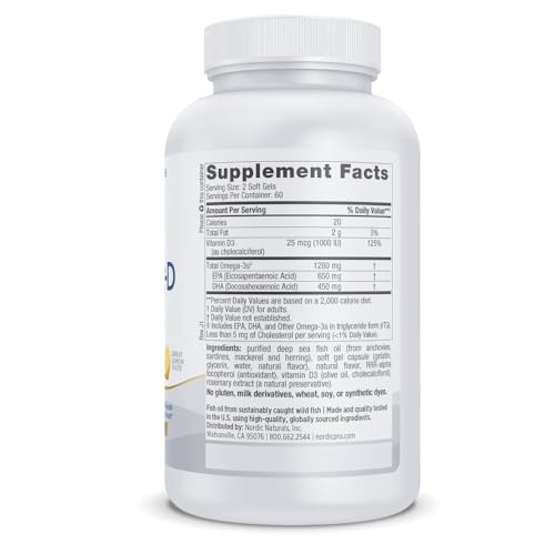 Image of Nordic Naturals ProOmega-D, Lemon Flavor - 120 Soft Gels - 1280 mg Omega-3 + 1000 IU D3 - High-Potency Fish Oil - EPA & DHA - Brain, Eye, Heart, & Immune Health - Non-GMO - 60 Servings