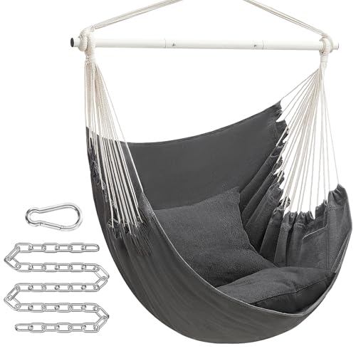 Image of SONGMICS Hammock Chair, Load Capacity 500 lb, Hanging Chair with 2 Cushions, Large Hammock Swing with Chain and Pocket, for Indoor, Outdoor, Living Room, Bedroom, Slate Gray UGDC197G02