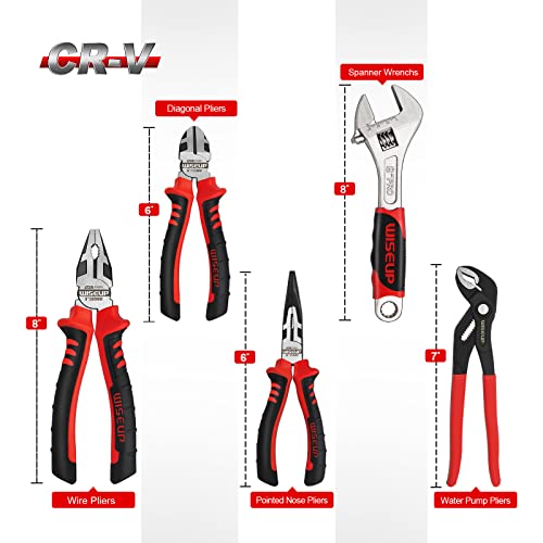 Wiseup Pliers Set Premium Cr-V Chrome 5Pcs Including 6 Inch Needle Nose Pliers,8 Inch Lineman Pliers,6 Inch Wire Cutter,7 Inch Channel Locks Pliers,8 Inch Adjustable Wrench #TOP5