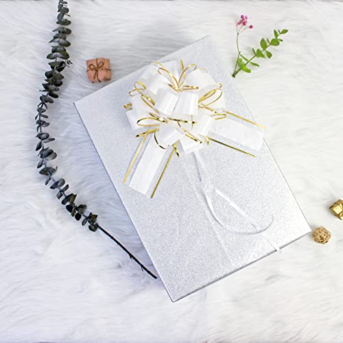 Wewiluck Gift Bow For Gift Wrapping, 10 Pcs White Pull Bows With Golden Line, Wrap Supplies Bow With Ribbon For Christmas Tree, Xmas Presents, Wedding Decor, Basket Decoration, Birthdays, Holidays #TOP6