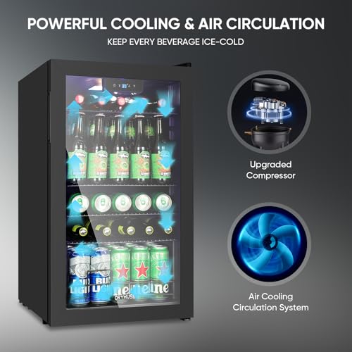Image of ORYMUSE 3.2 Cu.Ft Beverage Refrigerator, 130 Can Mini Fridge with Glass Door & Digital Temperature Control, Compressor Cooling Freestanding Cooler for Soda, Beer, Wine, Home, Office & Bar - Black