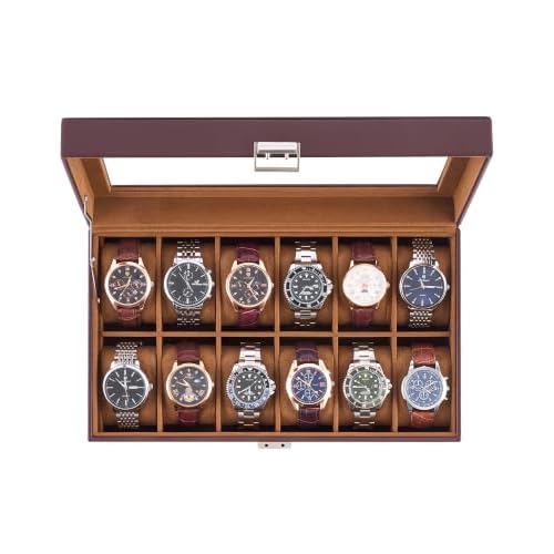 Lolalet Watch Case for Men, 12 Slot Display Box with Large Glass Lid | Premium Storage Holder Organizer with Removable Pillows, Anniversary Birthday Gifts for Collectors -Espresso Espresso 1