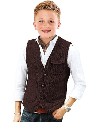 Image of Retro Boys Tweed Vest for Kids Formal Dress Herringbone Suit Vest for Toddler Boy Wedding Waistcoat