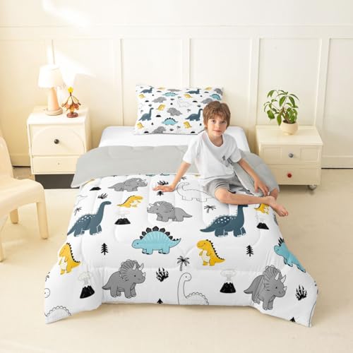 Image of Feelyou Dinosaur Bedding Set Soft for Boys Girls, Cartoon Dino Comforter Set Toddler Size Boho Exotic Style Duvet Quilt Microfiber 3D Wild Animal Pattern Bedroom Decor 2 Pcs with 1 Pillow Cases