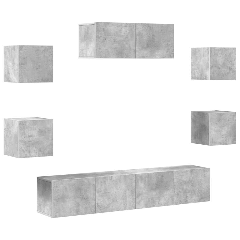 7-TLG. TV-Schrank-Set Betongrau Holzwerkstoff, Wandmontage Lowboard für Wohnzimmer, modernes Media-Center mit reichlich Stauraum