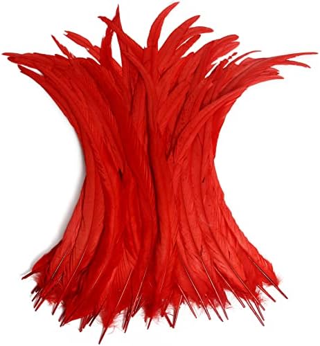 THARAHT 50PCS Red Rooster Coque Tail Feathers Bulk Natural 12-14Inch 30-35cm for Crafting Wedding Fly Tying Feather Party Performances DIY Decoration Rooster Tail Feathers