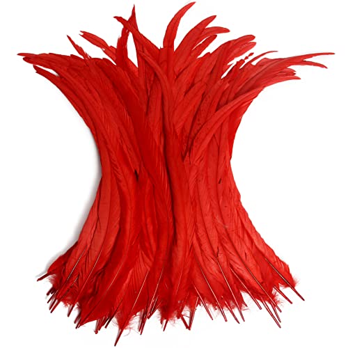 THARAHT 50PCS Red Rooster Coque Tail Feathers Bulk Natural 12-14Inch 30-35cm for Crafting Wedding Fly Tying Feather Party Performances DIY Decoration Rooster Tail Feathers