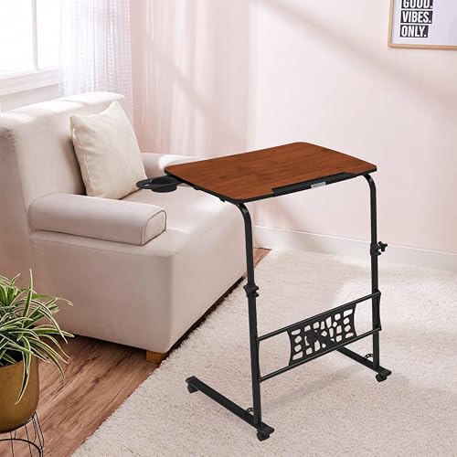 Image of Amazon Basics | Ergo Rise | Sit & Stand | Height Adjustable Laptop Table with Lockable Wheels | Rustic Amber