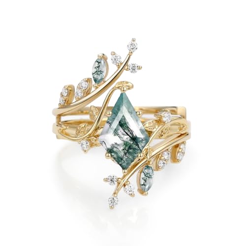 Natural Moss Agate Leafy Vintage Bridal Sets Wedding Rings for Women, 10K 14K 18K Solid Gold Kite-Cut Green Moss Agate and Moissanite Engagement Ring for Women Mother Her Jewelry Gift