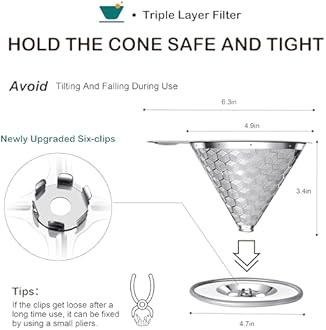 Dailybrew Triple Layer Pour Over Coffee Dripper Stainless Steel Coffee Filter Easy Clean Metal Cone Filter Paperless Reusable and Permanent Coffee Maker 1-2 Cup Compatible for Hario V60 & Chemex