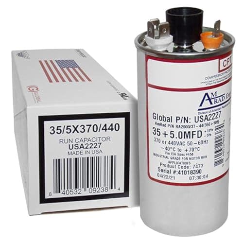 Goodman CAP050350440RSP Replacement - 35 + 5 uf/Mfd 370/440 VAC AmRad Round Dual Universal Capacitor, Made in The U.S.A.