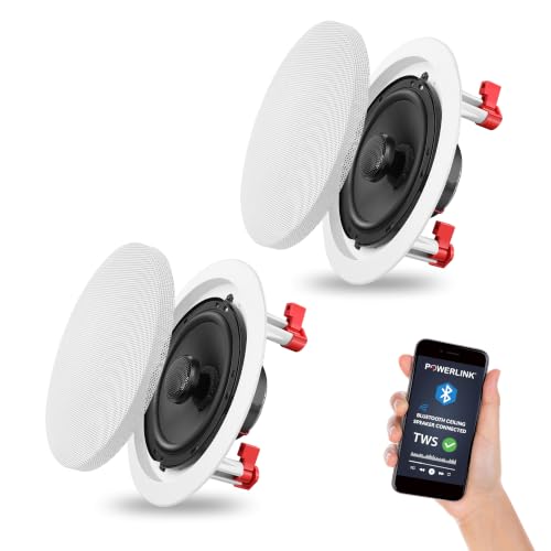Image of Powerlink TWS2.0 Bluetooth Flush Mount in-Ceiling 2-Way Speaker System Quick Connections Polypropylene Cone & Polymer Tweeter Stereo Sound 60 Watt (30W Each) for Office, Gym, Home Theater (Pack of 2)