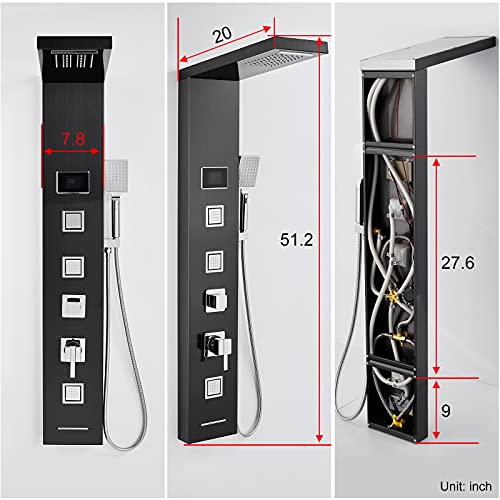 Rovogo Shower Panel Tower System With Led Lights - No Battery Needed, Shower Column With Rainfall Waterfall Shower, Body Jets, Handheld Shower And Tub Spout, Black #TOP5