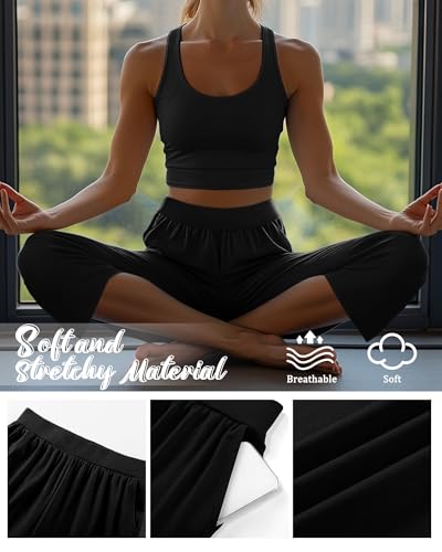 Neer 4 Pack Women's Capri Pants, Cotton Wide Leg Capris Sweatpants Lounge Loose Fit Cropped Yoga Pant with Pockets for Summer4