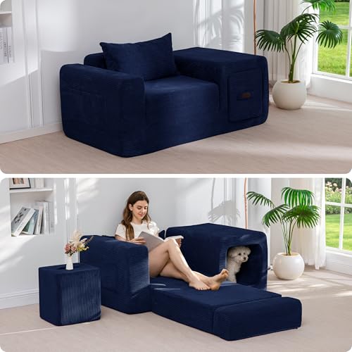 Image of MAXYOYO Folding Sofa Couch, Convertible Floor Sofa with Armrest, Multifunctional Sofa with Pillow and Pockets, Boneless Couch for Living Room, Navy