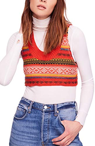 Free People Womens Fields of Fairisle Cropped Pattern Sweater Vest Orange XS