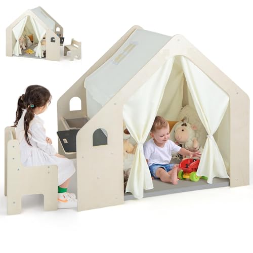 🧸~Dettagli comodi e ben pensati~ Il tappetino spesso in spugna della casa da gioco per bambini è morbido e confortevole, offrendo un ambiente di gioco caldo per i bambini. Il design ergonomico del tavolo e delle sedie non solo garantisce una grande capacità di carico (15 kg per il tavolo e 60 kg per le sedie), ma anche un'altezza moderata per un utilizzo facile da parte dei bambini.