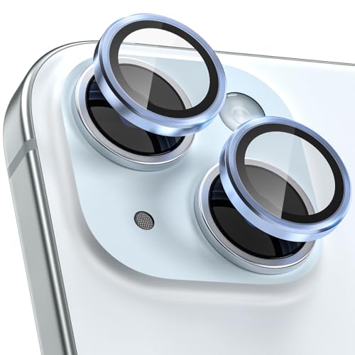 CloudValley Protector de Lente Cámara para iPhone 15 6,1 Pulgadas y iPhone 15 Plus 6,7 Pulgadas, Accesorios Cristal Templado 9H Dureza, HD Transparente Vidrio Metal Protector, Azul