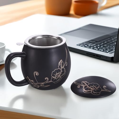 Image of Yundu 12 OZ Ceramic Mug with Lid & Tea Strainer - Matte Black Tea Cup with Golden Flower, Stainless Steel Infuser for Loose Leaf Tea