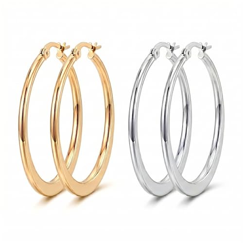 14K Gold Hoop Earrings for Women Water-Resistant 2 Pairs Multi Size Set Yellow & White Gold Tone Hypoallergenic for Sensitive Ears High Polished Gift Boxed Jewelry (20mm (0.8))