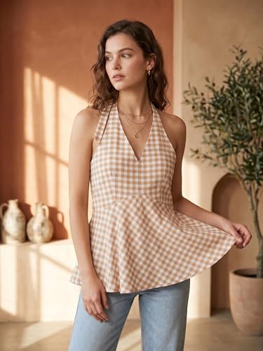 Image of Women's Gingham Halter Neck Peplum Top, Sleeveless, Casual Summer Blouse