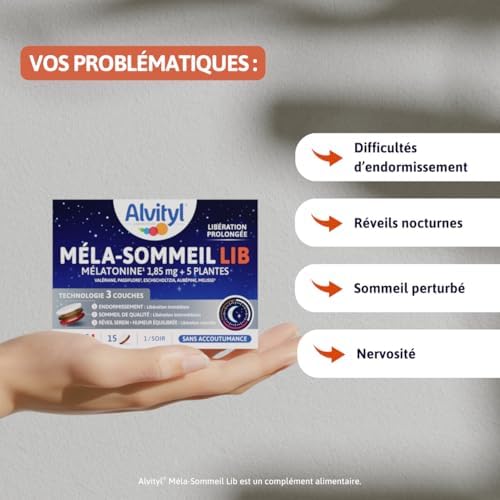 Alvityl Méla-Sommeil LIB - Mélatonine + 5 Plantes pour Adultes - Nuit Réparatrice en Prolongée - 15 Comprimés Tri-couche