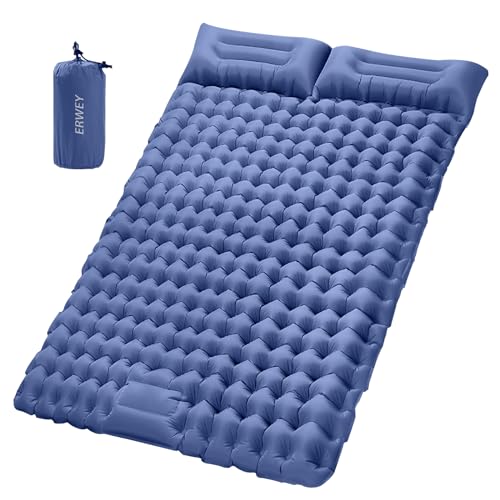 ERWEY Matelas isolant de camping pour 2 personnes - 200 x 135 cm - Ultra léger - Gonflable - Avec pompe à pied - Pliable - Avec coussin - Bleu marine
