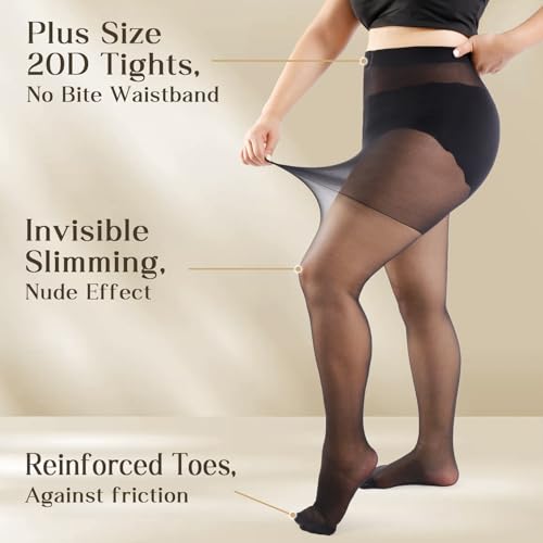 Image of CASMON 3 Pairs Plus Size Sheer Tights for Women, High-waist 20D Pantyhose Control Top with Reinforced Toe for Daily(XL-4XL)