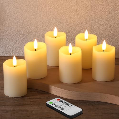 Image of Ivory Flameless Votive Candles with Remote Batteries Set of 6 | 2x3 inch Small Flickering LED Pillar Candles, Battery Powered, Real Wax Coating, Home Table Shelf Decor