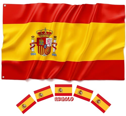 BIORYC ® 1 Bandera de España Grande de Poliéster Alta Densidad 110g/m² reforzada + 5 Pegatinas | Bandera Española de Tela Alta Resistencia para Balcón Exterior y Mástil