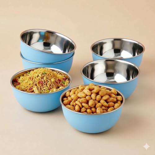 Image of Zaib Stainless Steel and Plastic Coated Microwave Safe Bowls | Multipurpose Storage Containers | No Lid | Capacity - 500 ML (14 CM- 6 Pcs Blue)
