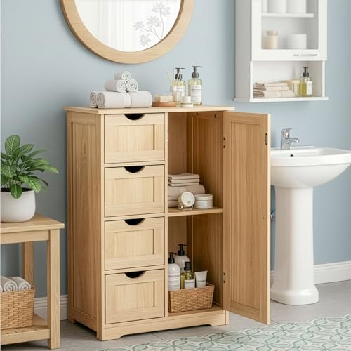 Image of Vasitelan Bathroom Wooden Floor Cabinet, Side Storage Organizer with 4 Drawers and 1 Cupboard, Freestanding Entryway Storage Unit Console Table,22 inch W x 11.8 inch D x 31.5 inch H (Wood Color1)