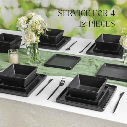 Image of Stone Lain Grace 12-Piece Dinnerware Set Stoneware, Plates and Bowls Set, Dishwasher and Microwave Safe, Dish Set for 4, Charcoal