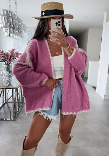 Image of chouyatou Women Fall Open Front Color Block Cardigan Sweater Casual Striped Chunky Knit Oversized Cardigan
