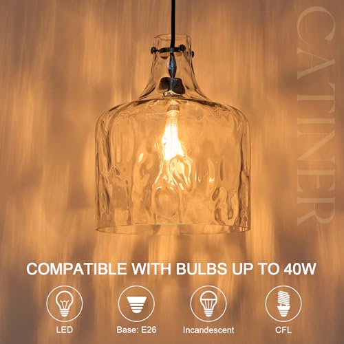 Image of CATINER 16 inch Farmhouse Hammered Glass Pendant Light, Black Hanging Light | 16 inch farmhouse hammered glass pendant light with hand-blown shade, adjustable chain and E26 socket for kitchen islands