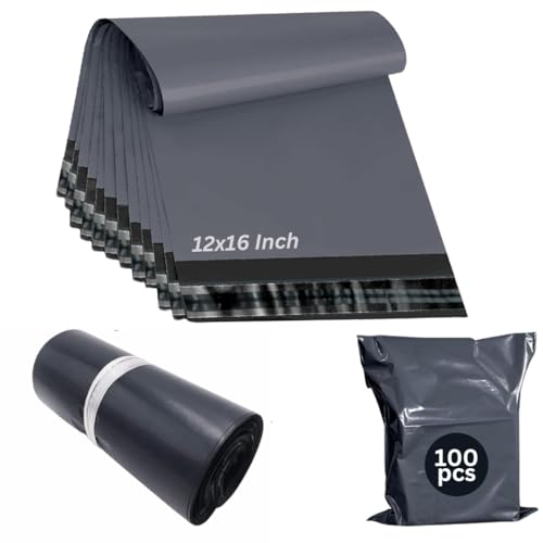 Image of 100 Pcs Grey Mailing Bags 12x16 Inch, Self-Seal Poly Postal Envelopes for Parcels, Medium Postage Packaging 305mm x 407mm