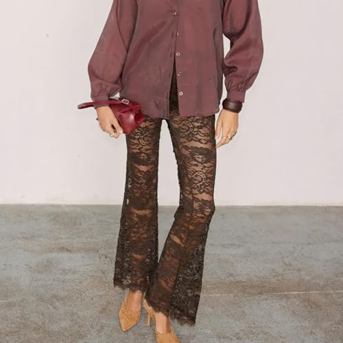 Women Y2k Lace Pants See Through Floral Lace Flared Bell Pant Mesh Lace Sheer Trousers3