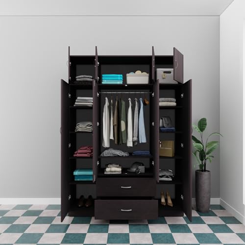 Image of VIKI Wardrobe | Wooden Almirah for Clothes,Door for Bedroom with Loft, 4 Door Wardrobe with Drawer, Mirror & Hanging Space (Dark Wenge - 40D x 160W x 220H) | 1 Year Warranty | Free Assembly