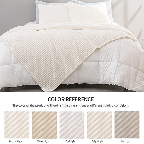 Recyco Fleece Throw Blanket For Couch, Super Soft Cozy Fuzzy Decorative Blankets And Throws With Striped Pattern For Sofa, Lightweight Ribbed Plush Cream White Throw Blanket For Bed 50"X60" #TOP5