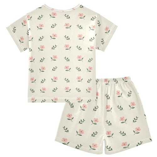 Flowers Leaves Light Yellow Background Pattern Summer Cute Pajama Sets, Short Sets for Daily Wears and Sleep Wears2