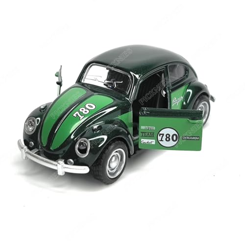 Image of Classic Vintage VW Beetle Diecast Metal Pullback Toy car with Openable Doors for Kids | 1:36 Scale Model | Pull Back | Gift for Boys Girls (Green with Stripes)